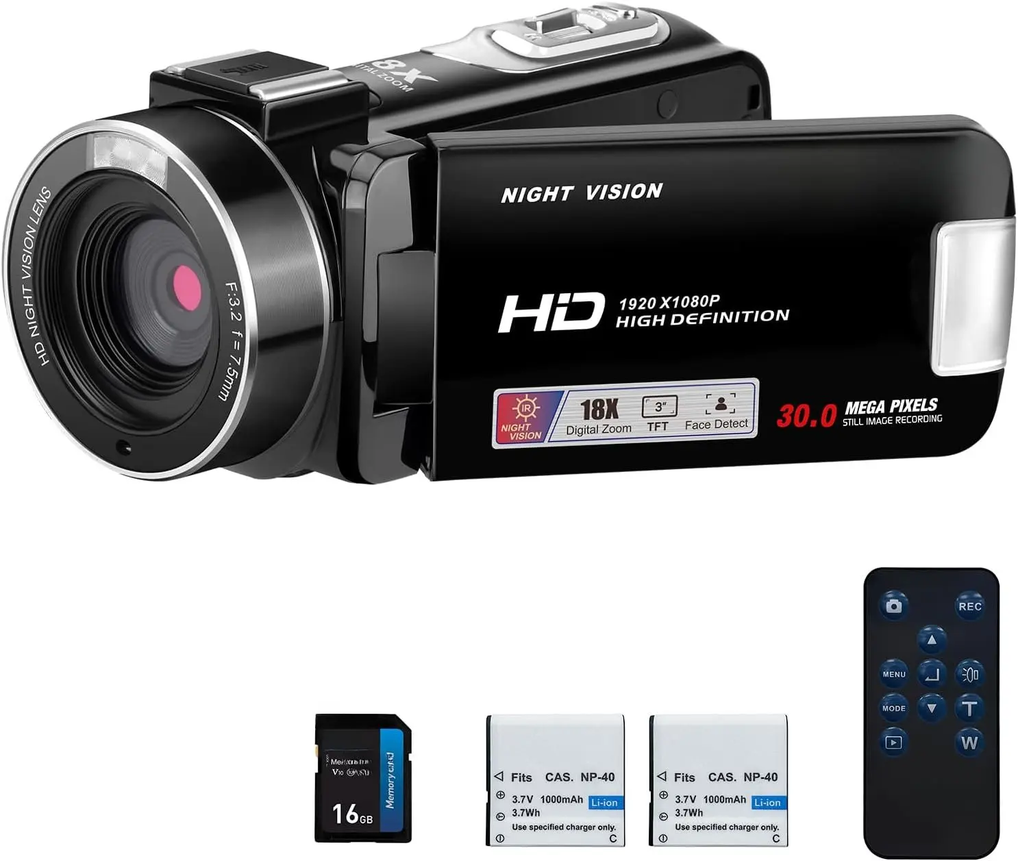 Compact B320 1080P 30FPS AVI Video Camera Recorder (2 Packs, Black) - 30MP Sensor, 18X Digital Zoom Camcorder, YouTube Vlogging Camera, Night Vision, 3.0 Inch Flip Screen, Remote Control, Memory Support