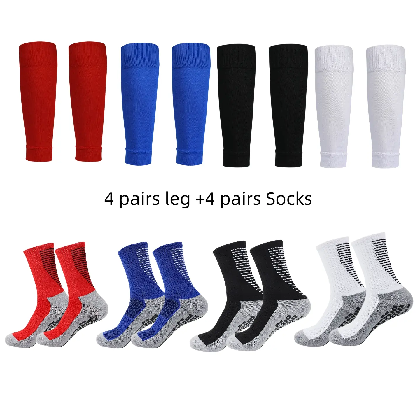 8-Piece Soccer Gear Combo (4 Pairs Grip Socks & 4 Pairs Calf Sleeves), Non-Slip Athletic Football Shin Guard Sleeves Set for  Adults