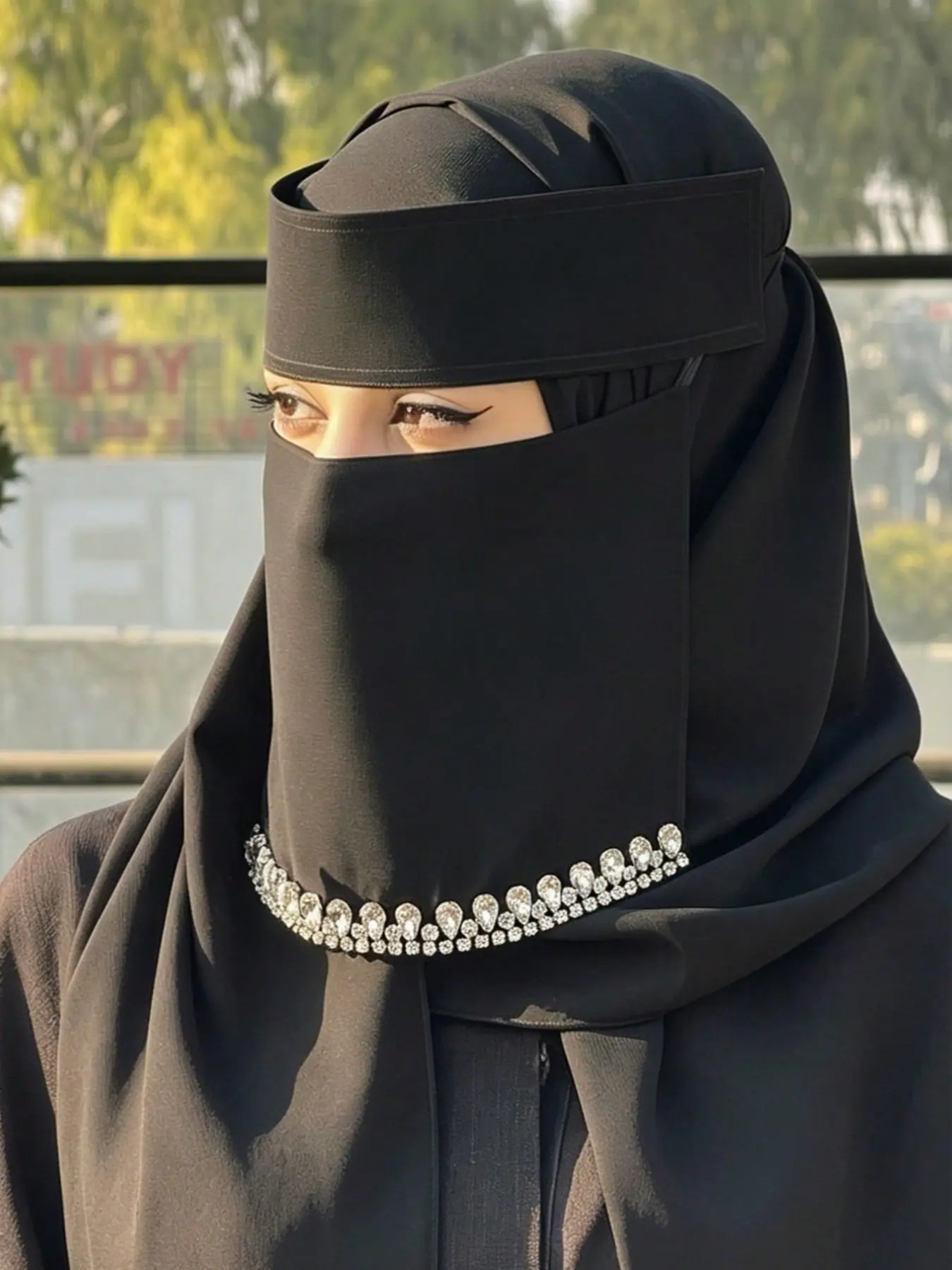 Women's Fashion Modesty Rhinestone Niqab, Breathable Tie-Back Mask, Sun Protection Hijab, Multifunctional Muslim Headscarf, Ideal for Daily Outing