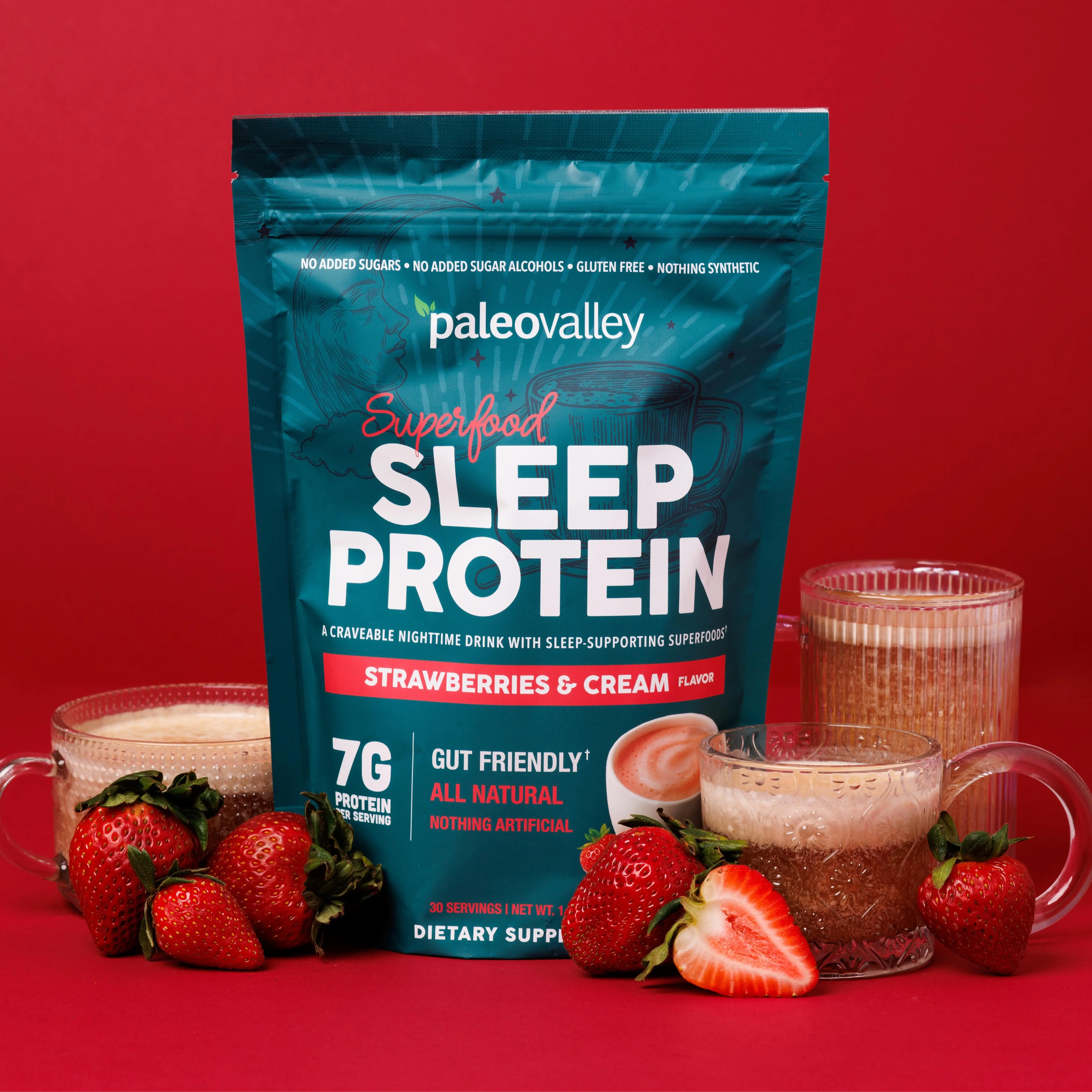 Paleovalley Sleep Drink Superfood Protein Powder, Strawberries and Cream, Melatonin and Magnesium from Whole-Food, 7g Grass-Fed Bone Broth Protein, for Nighttime Rest, 30 Servings