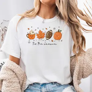 Pumpkin Spice Latte Maple Leaf Football Tis The Season Print, Neck Drop Shoulder T-shirt, Autumn Fall Thanksgiving Holiday, Casual Daily Wea