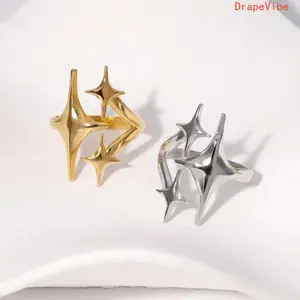 Stainless Steel Four Pointed Star Ring Adjustable Open Design For Women Daily Wear And Gifting