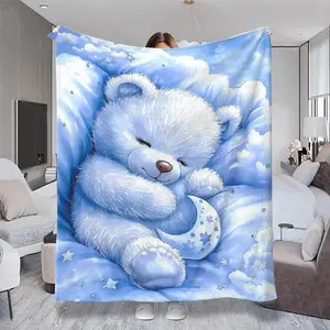 Cute Teddy Bear Themed Throw Blanket, Colorful, Multiple Specifications Available, Soft Fluffy Fabric for Cozy Naps, Ideal for Bedroom/Lounge Relaxation, Whimsical Starry Night Design