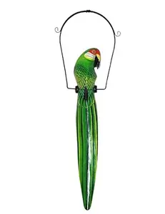 WorldBazzar Tall Hand Carved Wood Green Parrot Statue Sculpture ON Perch Hanging Art