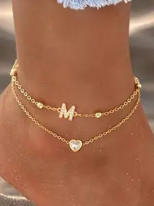 Women's Crystal Heart Initial Pendant Foot Chain Set, New Fashion Stainless Steel Multi-Layer Anklet Jewelry Ankle Bracelet