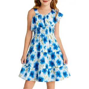 Haloumoning Girls Floral Dress Kids One Shoulder Ruffle Trim Summer Boho Holiday Dress 5-14 Years