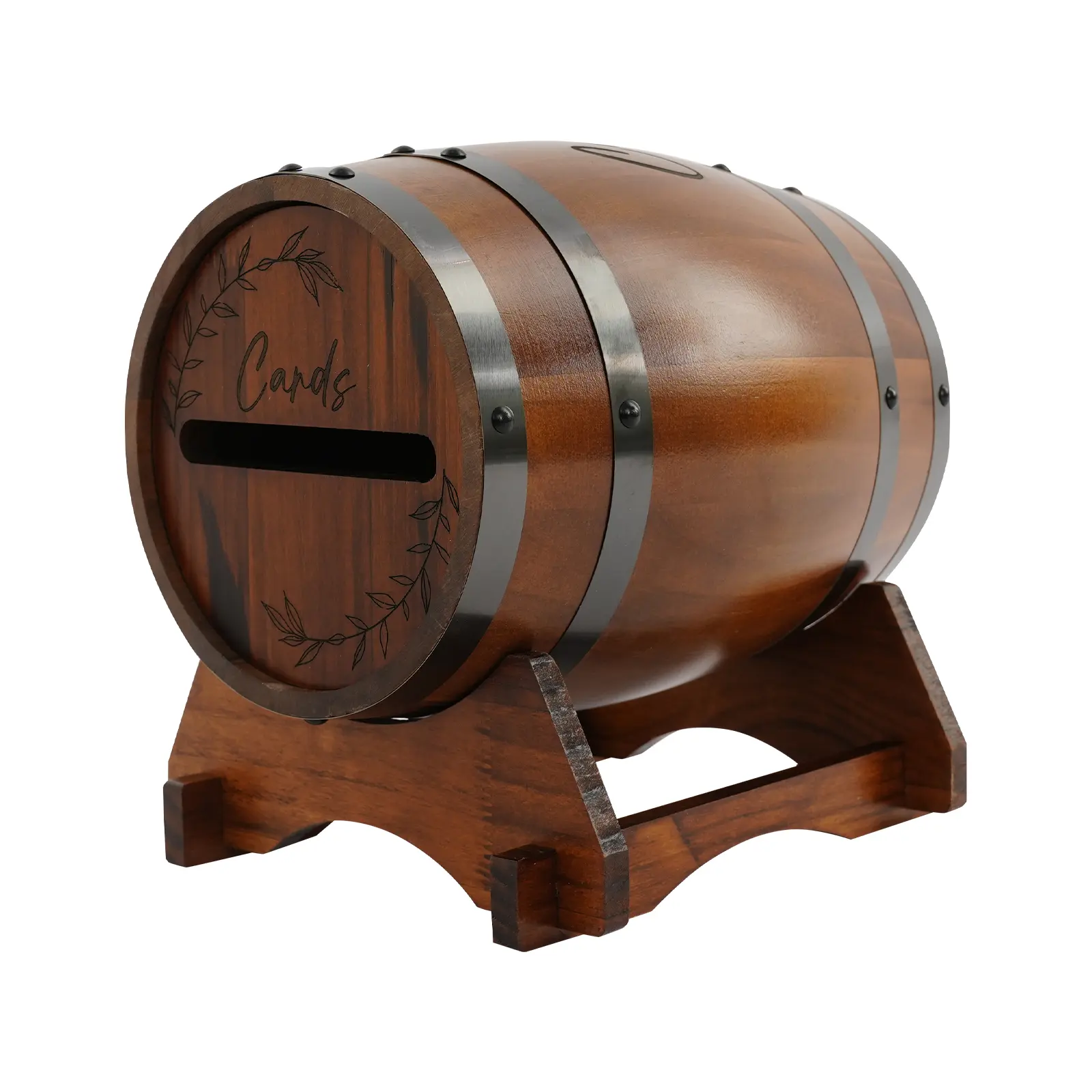 Vintage pine barrel-shaped wedding greeting card storage box with base, wooden card holder with slots, rustic-style card box suitable for birthdays, baby showers, graduations, and other events