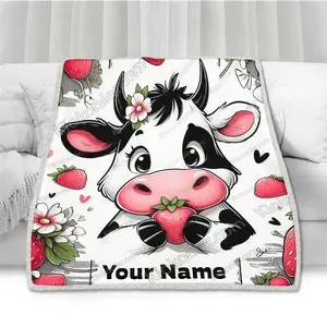 Custom name Blanket, Cute Cow And Strawberry Throw Personalized Baby Blanket with Name for Girls  Boys Animals Customized Baby Gifts, Fleece Blanket, Sherpa Blanket