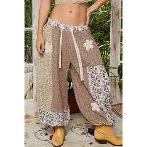 Crochet patch detail contrast patchwork printed woven pants