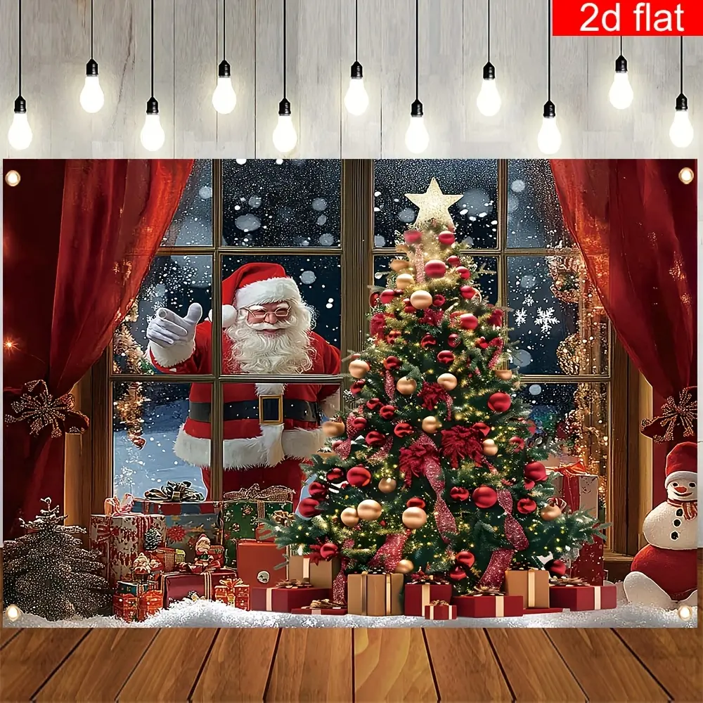 Reusable Geometric Vibrant Christmas Santa Claus & Snow Window Scene Banner - Lightweight Removable & Washable Polyester, Home/Festive Party Supplies, Photo Backdrop, Indoor-Outdoor Decor