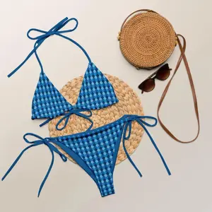 Women Blue Polka Dot Print Bikini Set Triangle Halter Top Tie Side String Bottom Cute Summer Beach Swimsuit Pool Party Vacation Tanning Swimwear Comfy 2 Piece
