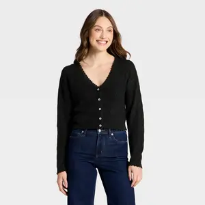 Women's V-Neck Cozy Lace Cardigan Sweater - Universal Thread Black XS
