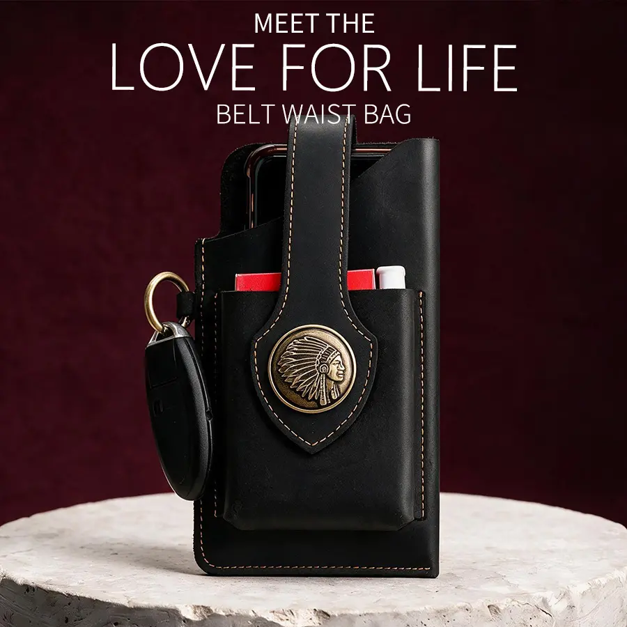 Men's Retro Leather Athletic Belt Bag - Magnetic Wild Horse & Cattle Hide Casual Bum Bag, Hands-Free Phone-Compatible Pack for Camping, Hiking