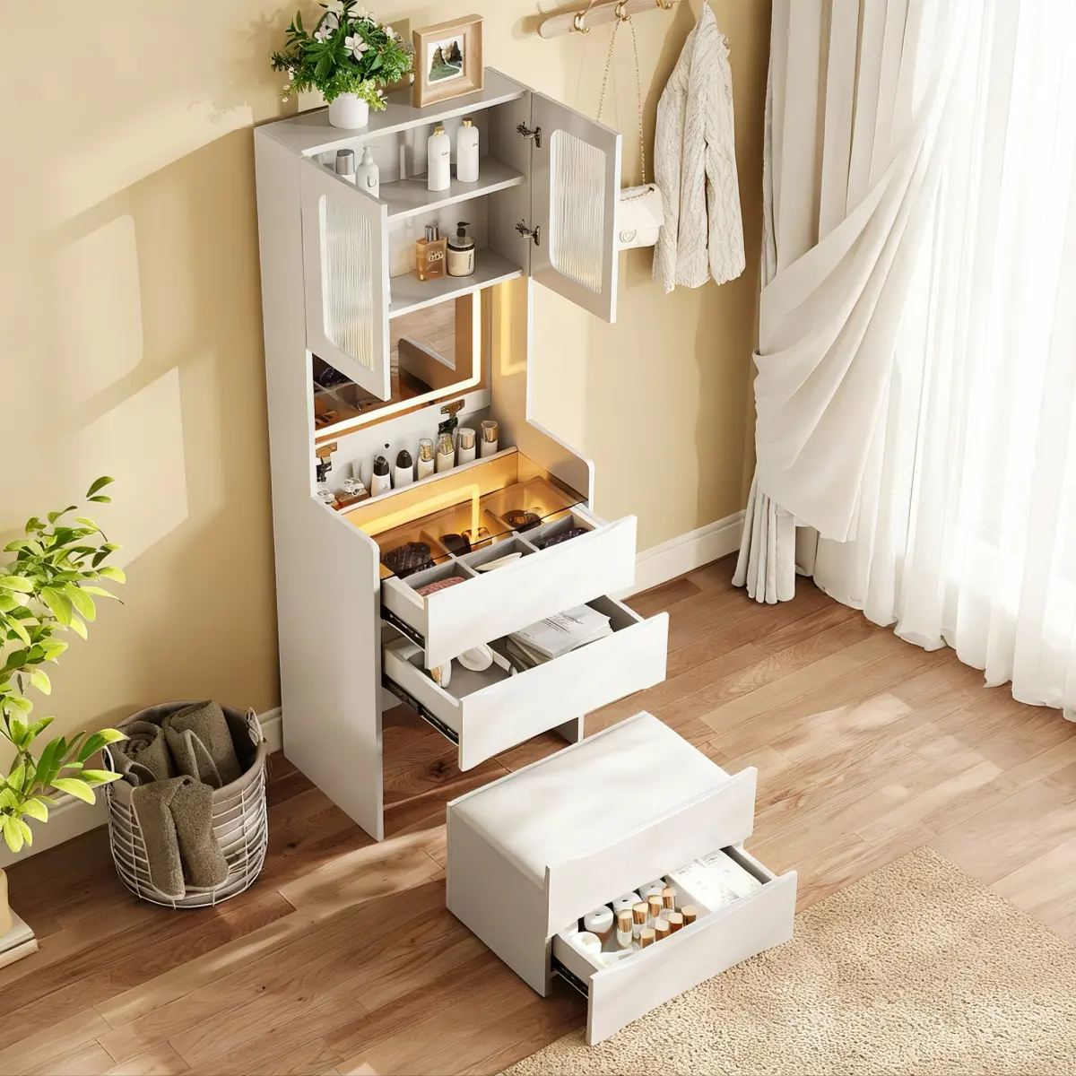 White 3-in-1 Compact Vanity Desk - Flip-Top LED Light Mirror, MDF Glass-Door Hutch, 18.9" Glass Top, Hidden Stool, 3 Drawers, 6 Compartments for Small Spaces