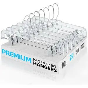 25 Pack Clear Pants Hangers with Clips, Non-Slip with Adjustable Heavy Duty Slim Plastic Hangers 14" 360-Rotating Swivel Hook, Clip Hangers for Trousers, Skirts