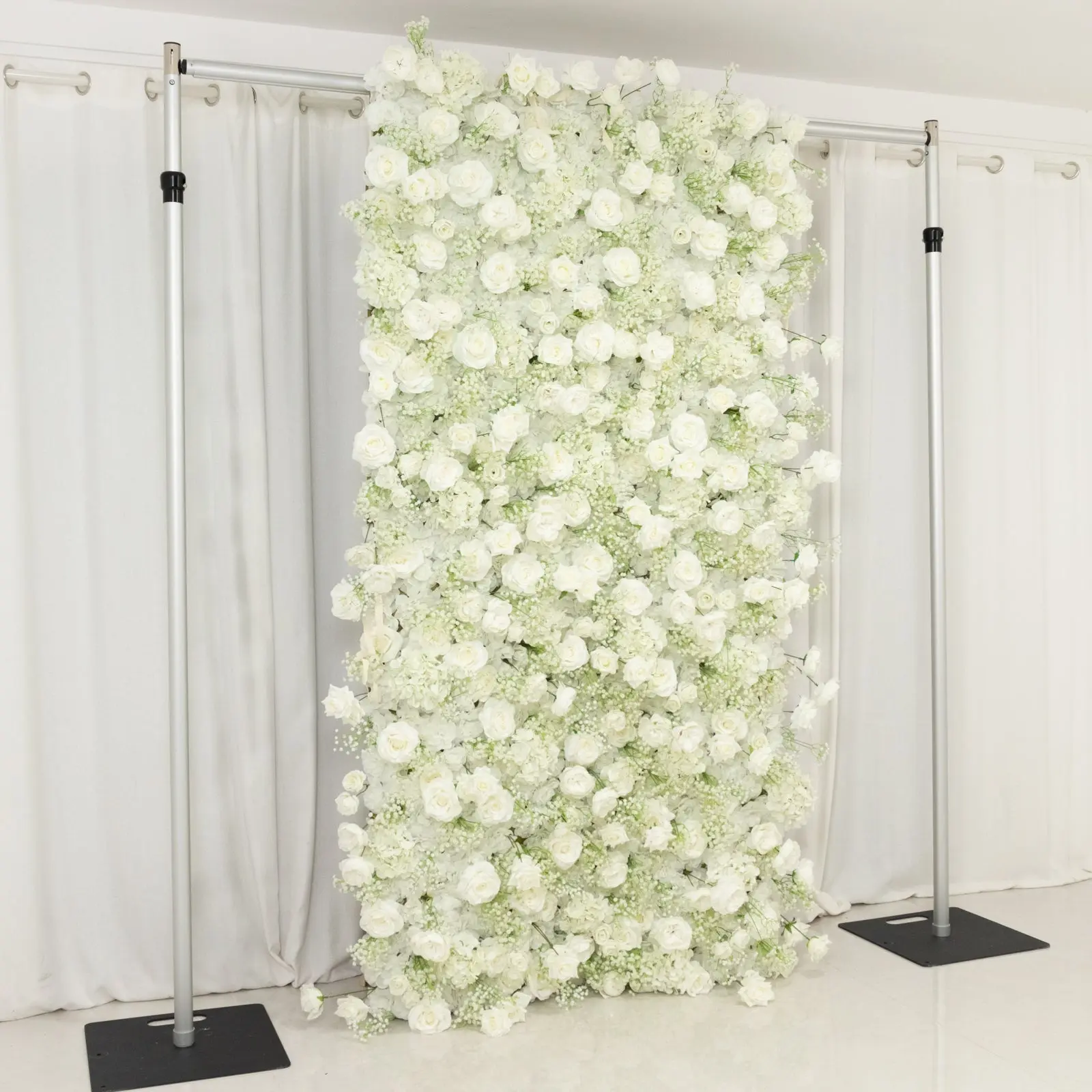 8ftx4ft Roll-Up Artificial Flower Wall Panel - White Silk Roses & Baby’s Breath Single Panel, Stylish Home Decor, Wedding Decor, Faux Plants for Diy Enthusiasts, Coffee Houses Evening Garden Wall Art Supplies