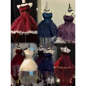 Gothic Y2k Sling Dress Women Harajuku Retro Tulle Ruffles Trim Christmas Party Outfit Grunge Aesthetic Sleeveless Elegant Wear