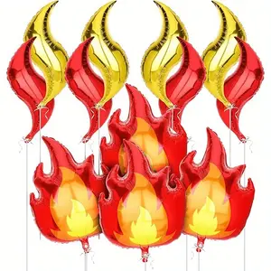12pcs Aluminum Firefighter-Themed Party Balloons - 76.2cm Large Bright Red And Yellow Flame-Style Balloons, Perfect For Birthdays, Camping, And Bonfire Decorations - Festive Event Accessories | Dynamic Designs | Firefighter Decorations