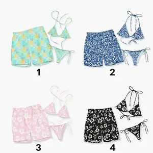 Tropical Floral Couple Swimwear – Women’s Tie Side Bikini & Men’s Beach Shorts, Matching His & Hers Summer Beach Vacation Swimsuit