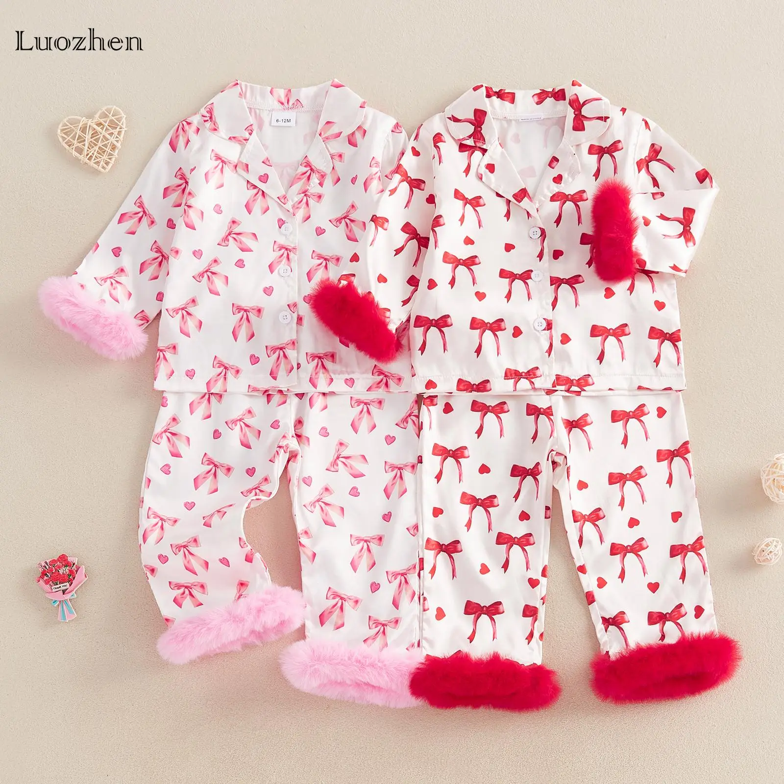 Infant and toddler baby girl sweet and cute Easter pajama set with bow print plush lapel long sleeve top and pants with soft fabric and comfortable to