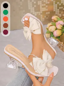 Women's Clear Chunky Heels with Cute Bow – Transparent Strap Square Toe Heeled Mules Sandal, Footwear for Elegant Wedding, Party & Summer Outfits