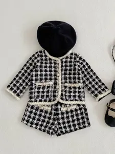 Baby Girl Spring & Fall, Plaid Long Sleeve Cardigan Jacket, Short Pants Two-Piece Set, Elegant Style, No Hat Included, Baby Clothing