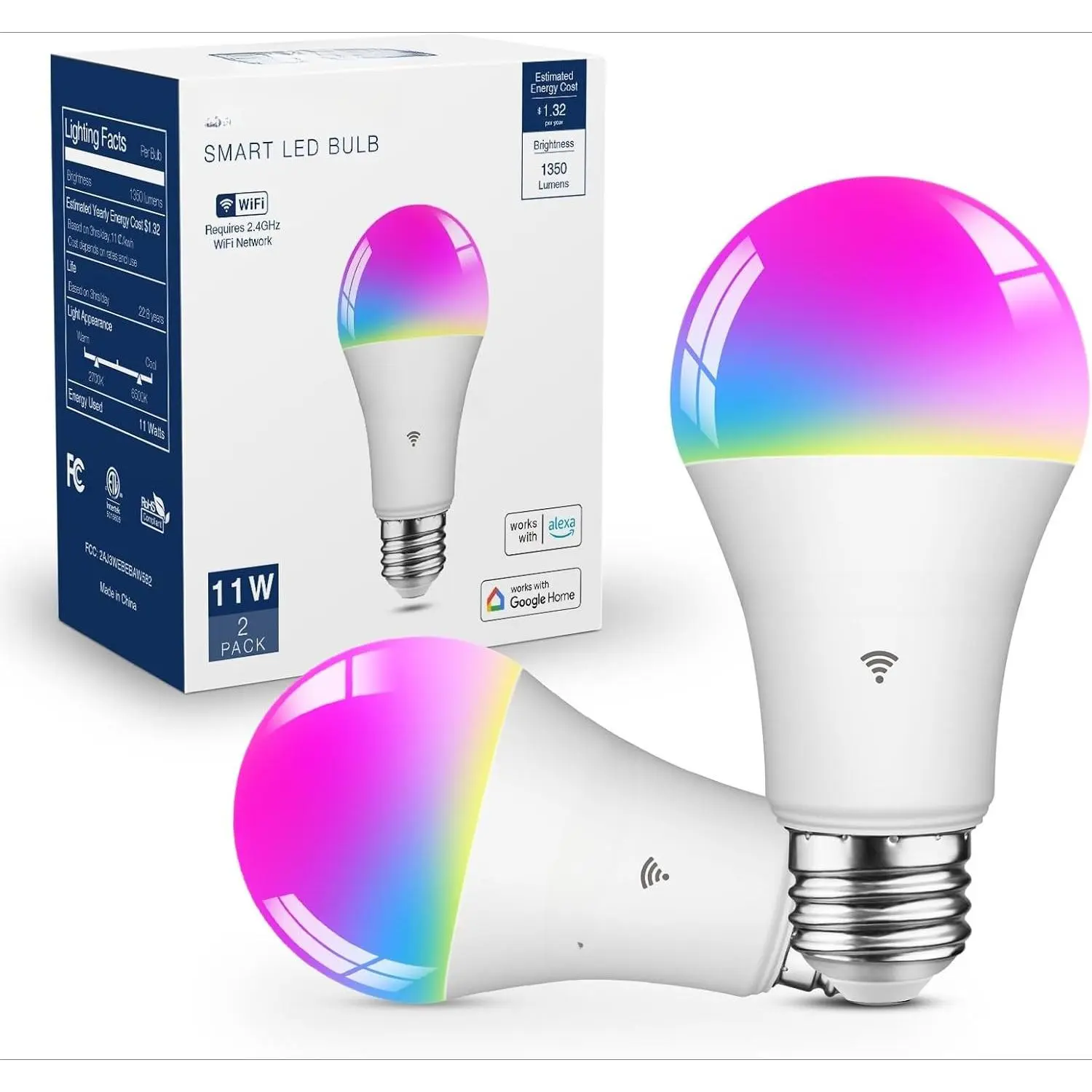 Smart Light Bulbs 100W Equiv., 1350LM 11W Smart Bulb Works with Alexa/Google Home/Smart Life, A19 E26 RGBCW Color Changing, No Hub Required, 2.4G WiFi Bluetooth Bulb, ETL Listed, 2PCS