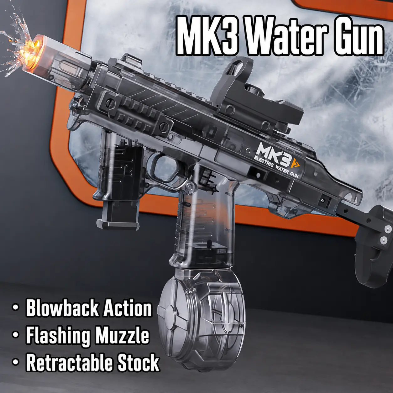 MK3 Automatic Electric Water Blaster Toy for Kids, Blowback Recoil Effect, Flashing Muzzle Light, Retractable Adjustable Stock, Large‑Capacity Drum Magazine Outdoor Shooting Play Toy