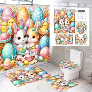 1/4pcsEaster Bathroom Set, Bathroom Decoration Accessories, 4 Piece Shower Curtain Sets Toilet Seat Cover Floor Mats, Cute Pastel Eggs Bunnies Chicks & 'Happy Easter' Text Decor, Colorful Spring Holiday Home Decor for Easter Celebration