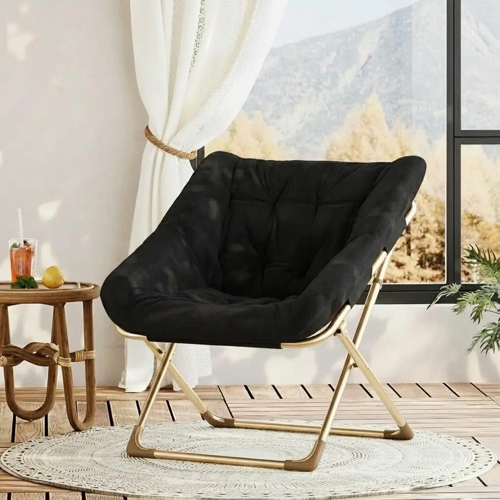 Foldable Butterfly Chair – Cozy Indoor Lazy Chair with Gold Metal Legs, Soft Plush Lounge Seat for Bedroom Living Room, Comfy Reading Chair for Women Girls, Aesthetic Home Decor