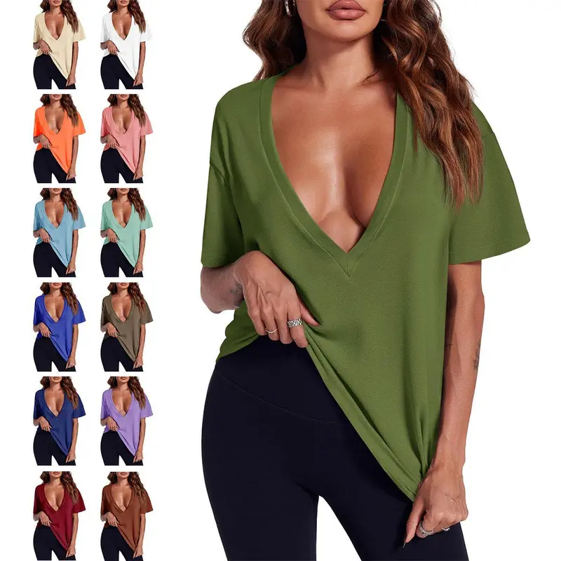 Imily Bela Women's Deep V-Neck Short-Sleeve Loose Basic Tops - Feminine Items for Adults, Shirts, Tops for Women, Everyday Wear, Ideal for Vacation Beach, Party Use