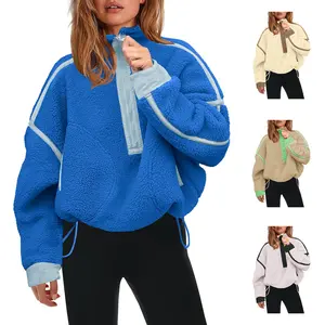 Mundoven Women's Fleece Sweatshirts Half Zip Pullover Long Sleeve Oversized Workout Crop Tops Hoodie With Pocket Womenswear