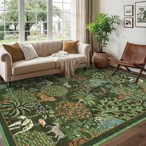 9x12 Runner Rug for Hallway, Washable Floral Throw Rug, Modern Jungle Animal Non Slip Indoor Mat, for Entryway, Laundry, Kitchen, Dark Green
