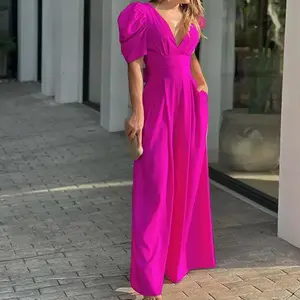 Women's elegant commuting puff long sleeved wide leg pants short sleeved V-neck jumpsuit slim fit comfortable breathable women's clothing
