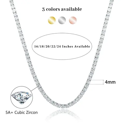 Gemsme Round Cut Cubic Zirconia Tennis Chain - 3-6MM (Incl. 4MM) Gold-Plated Brass Hiphop Fashion Accessory Necklace for Adults, Casual Wear, Brilliant Shine Under Light
