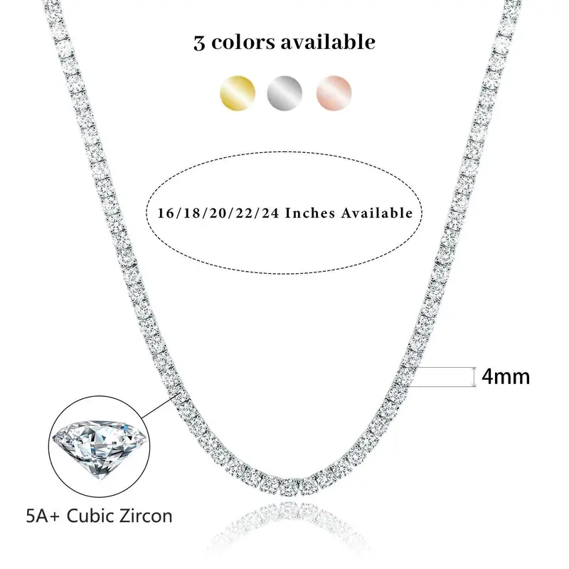 Gemsme Round Cut Cubic Zirconia Tennis Chain - 3-6MM (Incl. 4MM) Gold-Plated Brass Fashion Accessory Necklace, Hiphop Chains, Gold Jewelry for Adults, Casual Wear, Brilliant Shine Under Light, Gifts for Boyfriends,sohochic