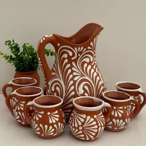 Mi White-Barro Talavera pitcher and mugs gift set. Table gift set. Juego Barro white. Drinkware