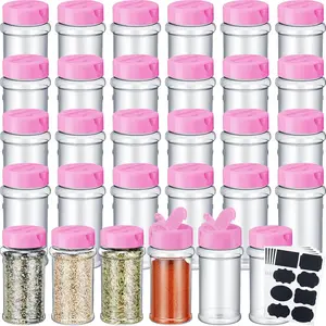 36-Pack 3 oz Clear Plastic Spice Jars with Labels and Shaker Lids — Empty Spice Bottles, Seasoning Containers, Shaker Condiment Pots for Pepper, Herbs, and Powders (Pink)