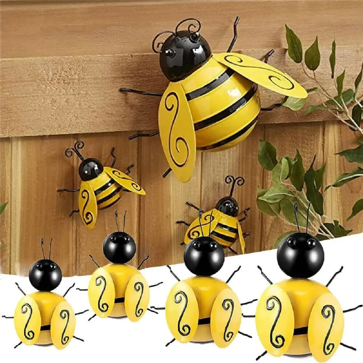 Set Of 4 Decorative Metal Bumble Bee Garden Accents Wall Art Sculpture Ornament