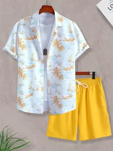 Men's Light Blue Coconut Tree & Sailboat Print 2-Piece Summer Set, Menswear - Short-Sleeve Button-Up Shirt + Bright Yellow Drawstring Shorts, Lightweight Breathable Fabric, Relaxed Fit, Coastal Vacation Pattern, Tropical Resort Strol