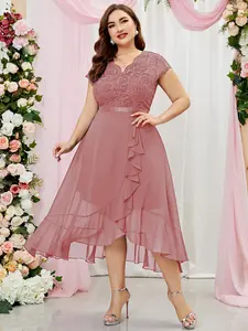 【Plus Size】Miusol P6108 Women's Plus Size V Neck Elegant Comfort Floral Lace Ruffle Bridesmaid Wedding Formal Party Maxi Dress