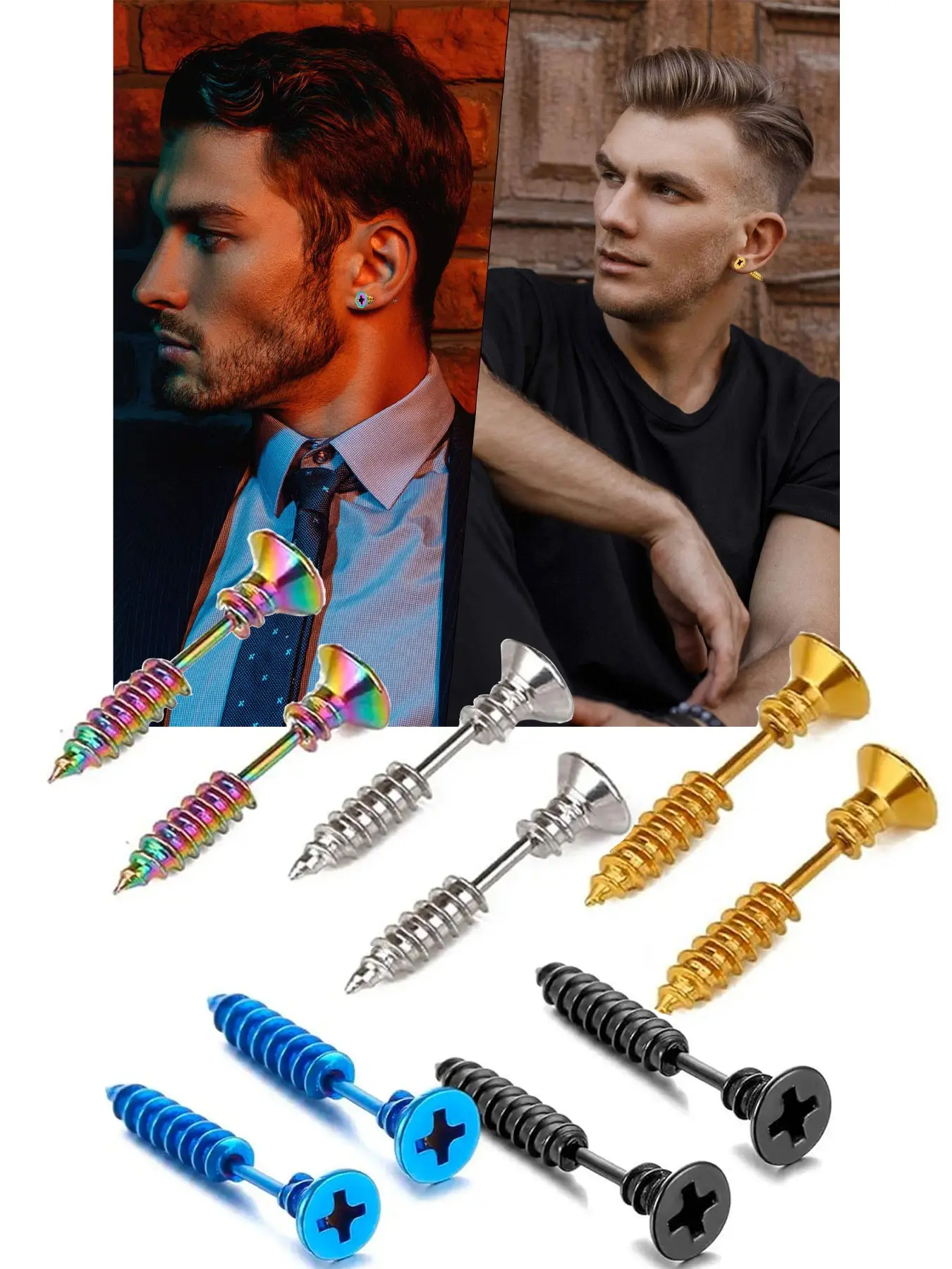 Unisex Punk Style Stainless Steel Screw Earrings Set, Multiple Colors Ear Studs, Hoops, Bars, Threaded Tunnel Piercings Jewelry, Ear Accessories, Unique Design Earrings