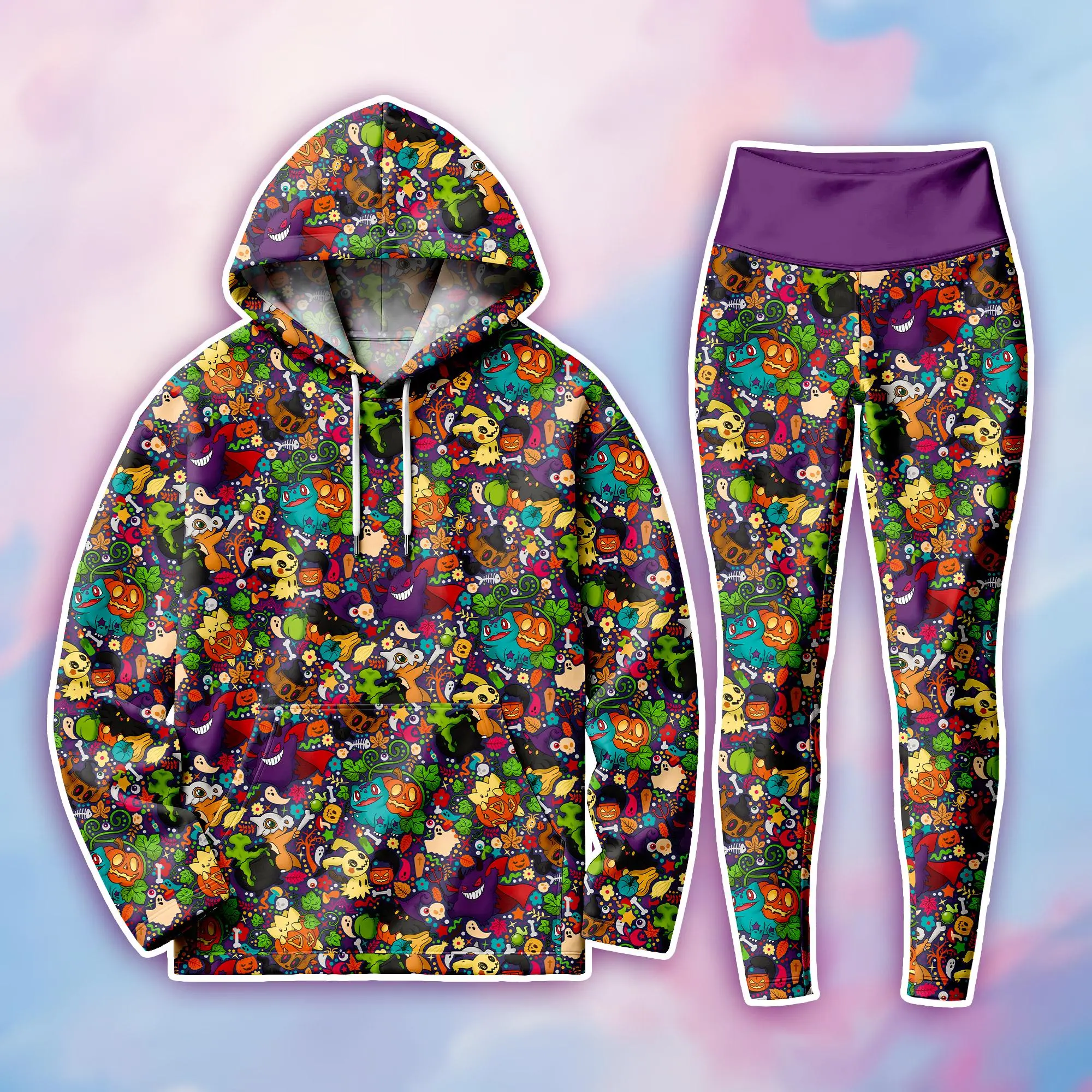 Cute Spooky Monster Hoodie and Legging Set - Halloween Pumpkin Graphic Hoodie, Printed High Waist Leggings, Kawaii Casual Outfit Gift
