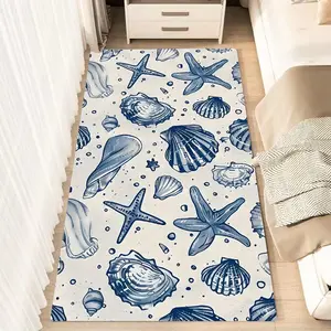 1pc Vintage Ocean Starfish Seashell Indigo Pattern Fluffy Minimalist Area Rug, Polyester 100% Flannel Carpet, Non-Slip Rectangle Floor Mat for Living Room, Bedroom, Kitchen, Office, Entryway, Bedside Rug | Washable Carpet Mats Perfect Holiday Gift
