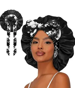 Floral Satin Bonnet - Double Layered, Breathable & Adjustable Band for All Hair Types with Decorative Bow