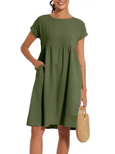 Women's Cotton Linen Round Neck A-Line Skirt Dress, Plus Size Loose Fit Breathable Summer Style Casual Wear, All Season Fashionable Clothing, Army Green