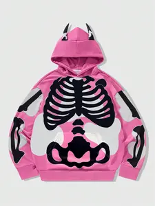 Men's Loose Decorated Skull Fleeced Knit Sweatshirt Zip Up Sweatshirt Streetwear, Men's Hoodie, Casual Tops for Daily Wear, Men's Outwear for Back to School