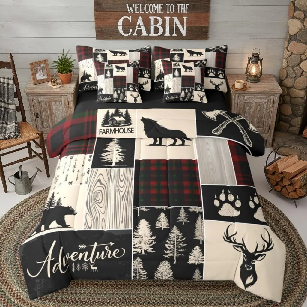 Hunting Deer Wolf Bed in A Bag Antlers Bear Deer Comforter Set with Sheets for Kids Boys Teens Vintage Cabin Lodge 7 Piece Bedding Set,Woodland Wildlife Pine Tree Bed Set,Black Red