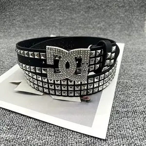 Black Rhinestones Studded Belt Punk Rock Rivet Belt Grommet Threads belts with Bright Metal Pyramid for Women Men, Classic and Fashion