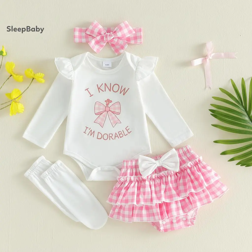 Baby Girls' 4-Piece Cotton Blend Clothing Gift Set - Long Sleeve Letter Print Romper, Shorts, Bow Headband, Socks, Cozy Outfit for 3-6 Months, 12-18 Months (38 cm, Polyester), Gift Sets, Sweet Look, 40 Cm, Gifts